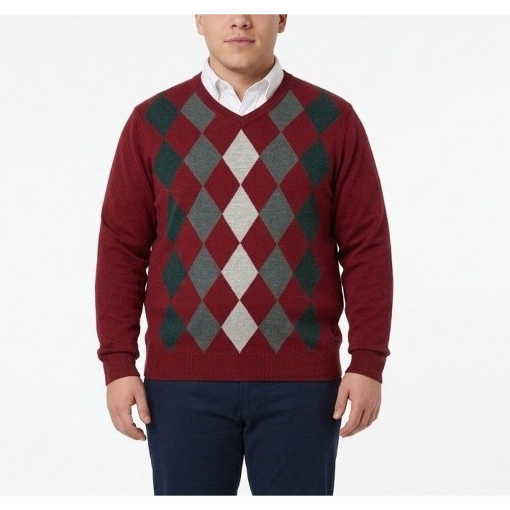 Apt.9 Mens Sweater Size L Red Long Sleeve Argyle V-Neck Pullover Top Merino Wool